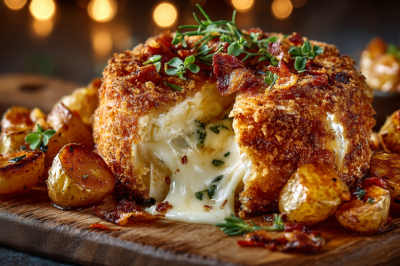 Французская классика на русский лад: запеченный камамбер в двойной панировке. Подаю с паприковой картошкой и хрустящим беконом