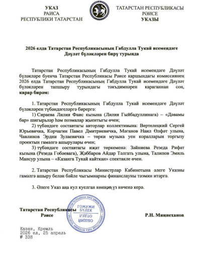 Габдулла Тукай исемендәге Дәүләт премиясе лауреатлары билгеле
